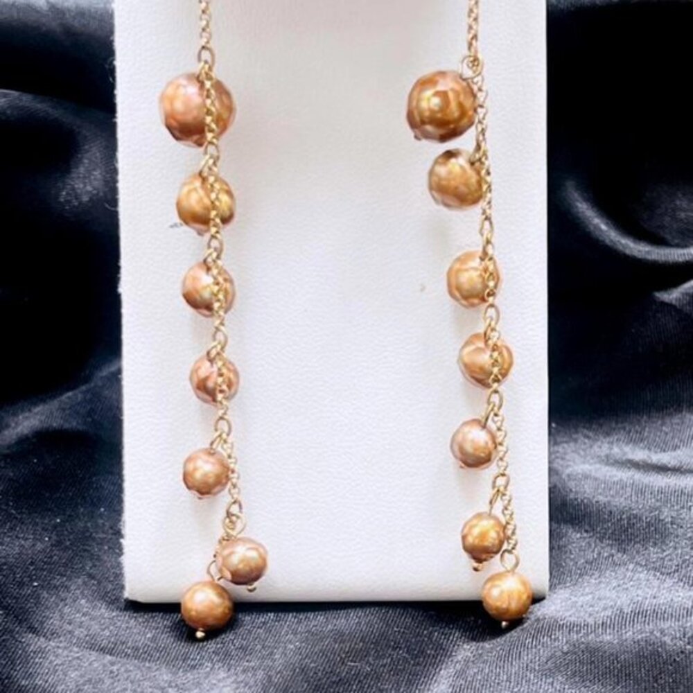 925 SILVER AMBER DYED COIN PEARL DANGLE HOOP LEVER-BACK EARRINGS